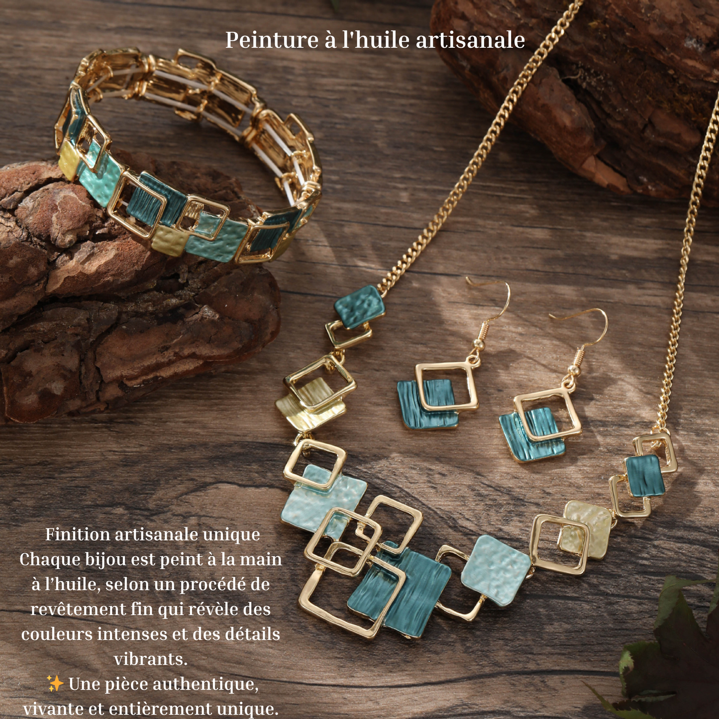 Parure géométrique colorée – Collier, bracelet & boucles d’oreilles style peinture à l’huile (Copie)