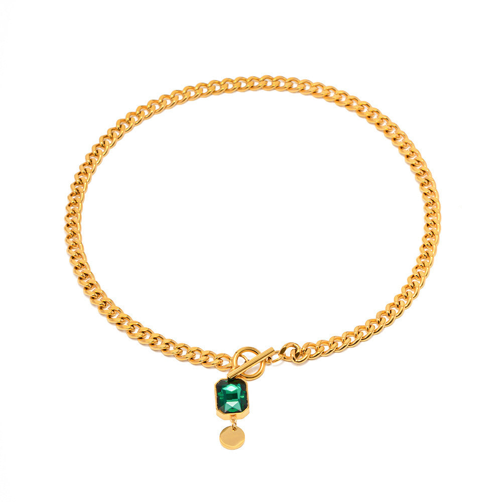 Collier Pendentif Émeraude Zircon – Style Rétro Français Chic
