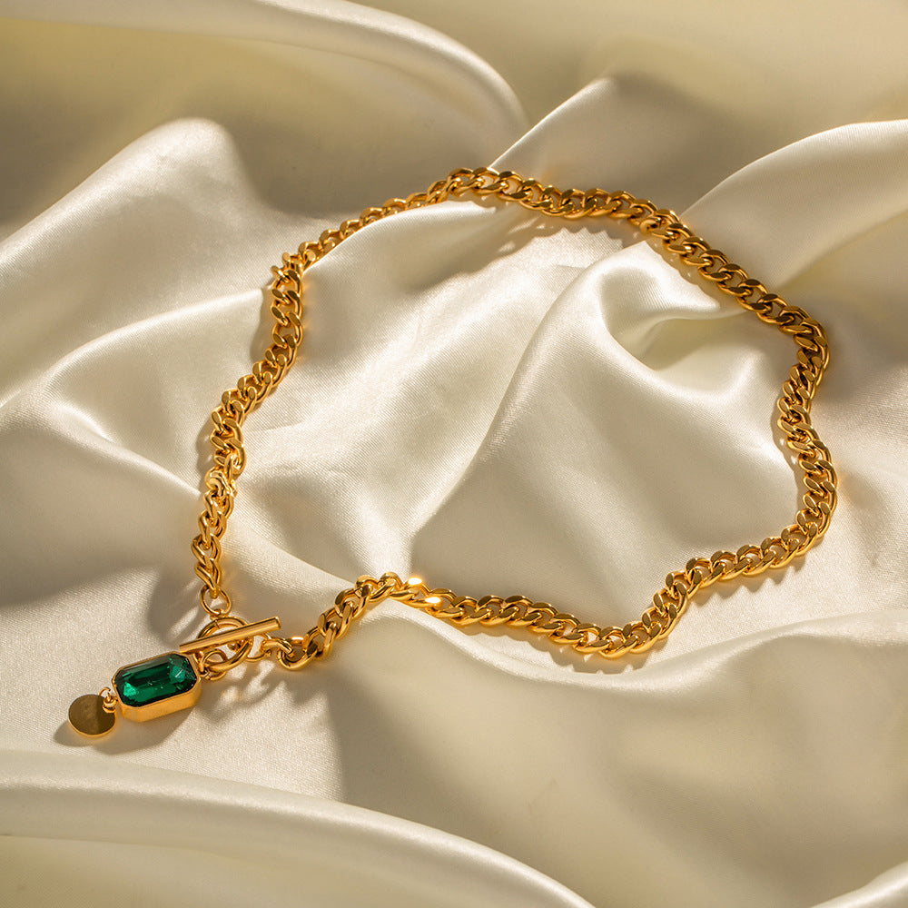 Collier Pendentif Émeraude Zircon – Style Rétro Français Chic