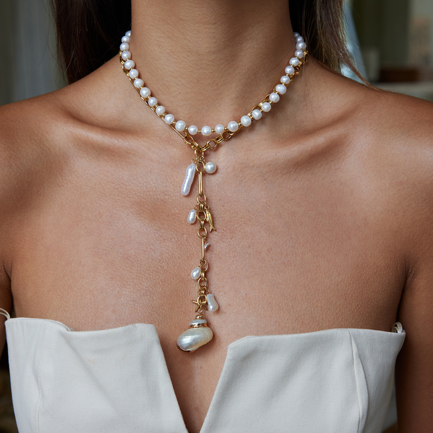 Collier Océan Femme – Acier Inoxydable Doré 18K, Perle & Coquillage