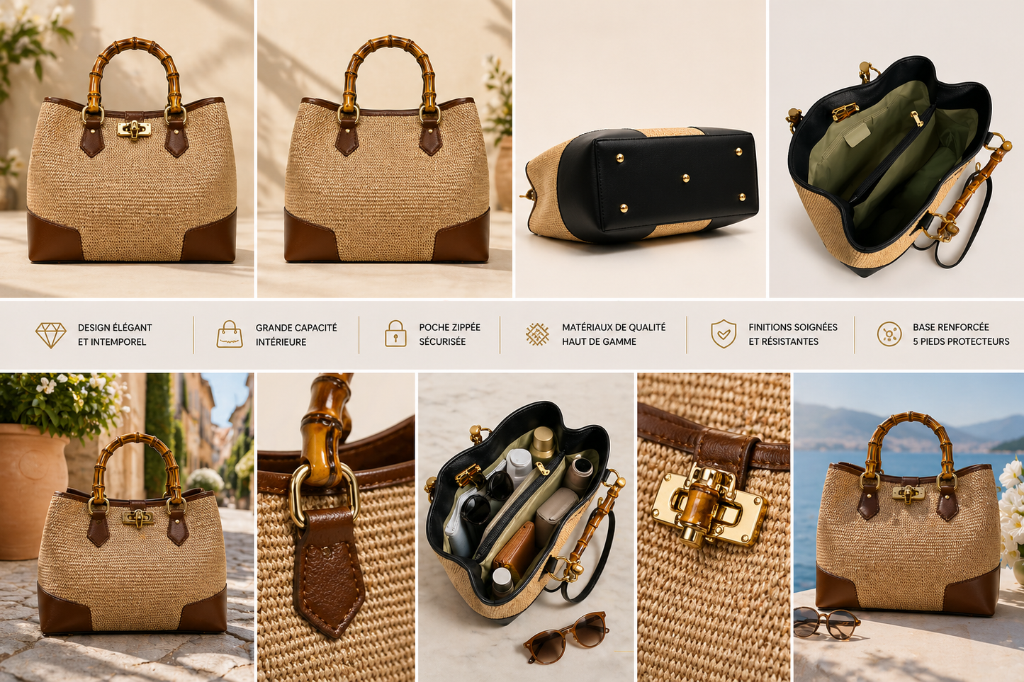 Sac en Raphia Naturel avec Anses Bambou et Finitions Cuir Martelé