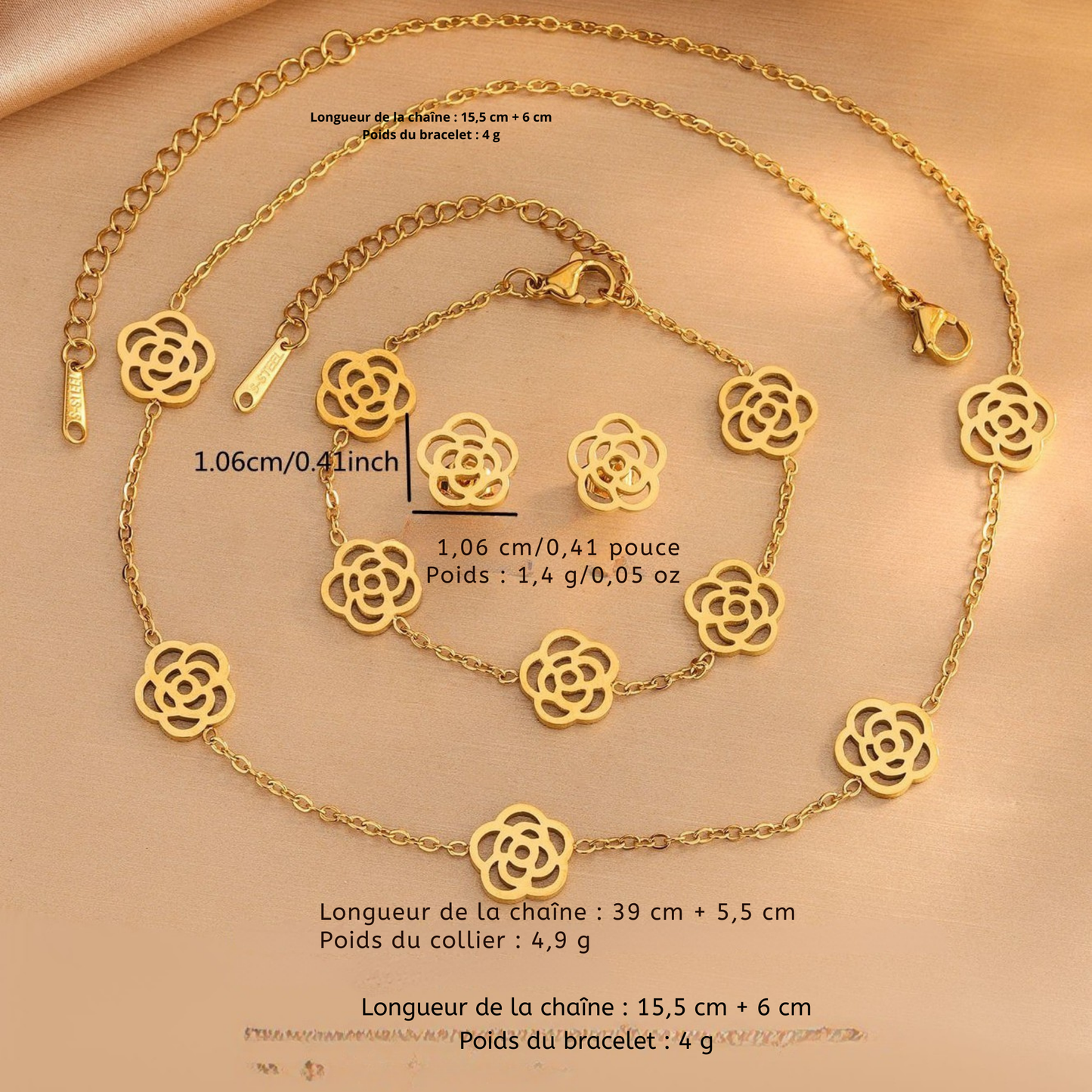 Parure de bijoux florale en acier inoxydable 304 plaqué or 18K – Collier, bracelet et boucles d’oreilles élégants pour femme