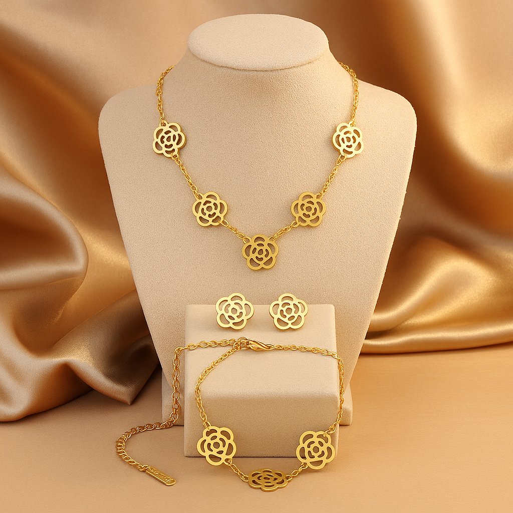 Parure de bijoux florale en acier inoxydable 304 plaqué or 18K – Collier, bracelet et boucles d’oreilles élégants pour femme