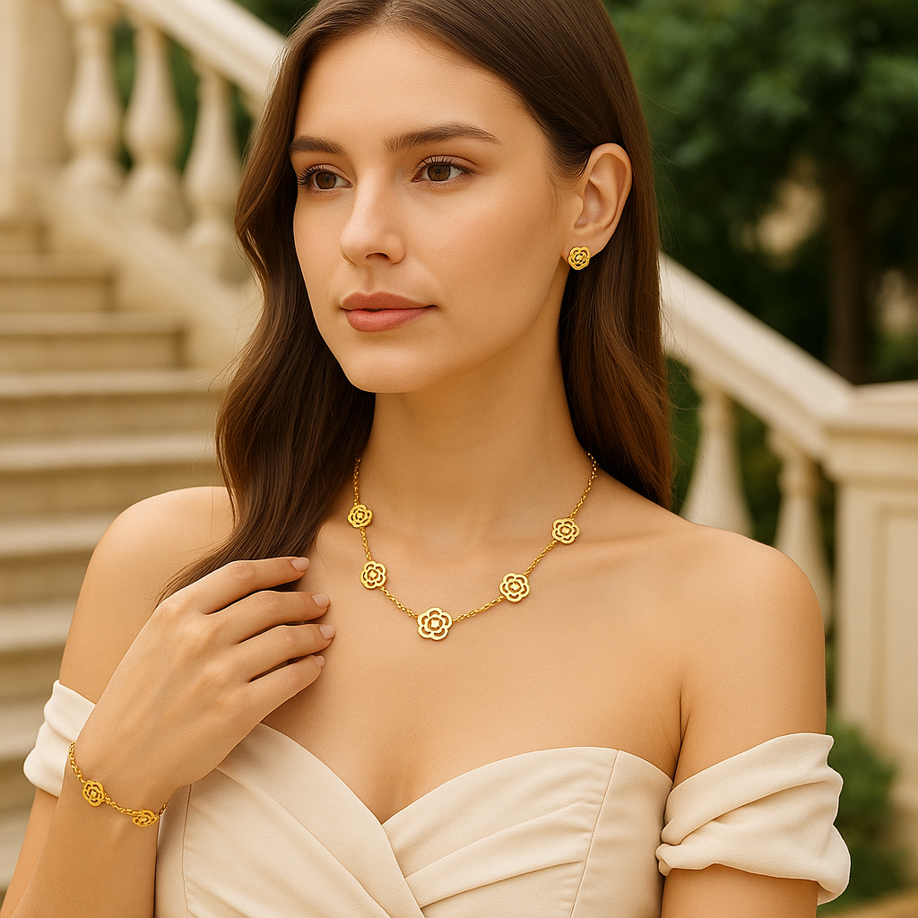 Parure de bijoux florale en acier inoxydable 304 plaqué or 18K – Collier, bracelet et boucles d’oreilles élégants pour femme