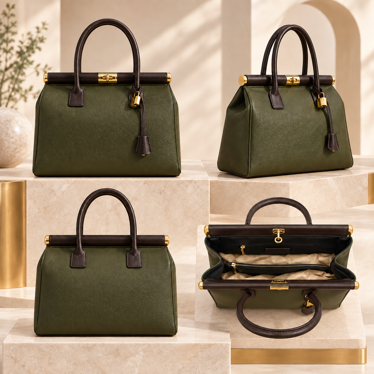 NORA – Sac en cuir italien Dollaro – Khaki & Dark Brown