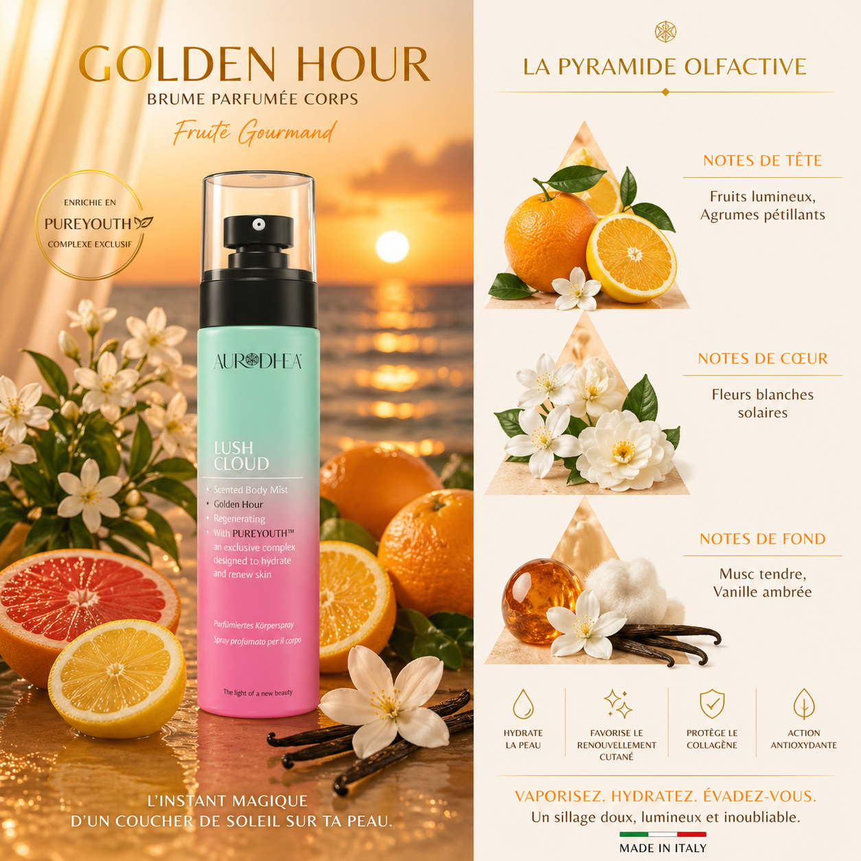 GOLDEN HOUR | Brume Corps Femme Fruité Gourmand – Lush Cloud Aurodhea N°SBM003