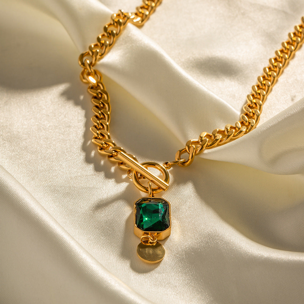 Collier Pendentif Émeraude Zircon – Style Rétro Français Chic