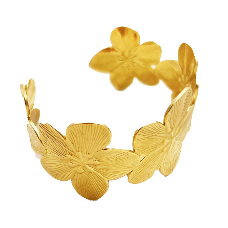 Bracelet Femme Doré à Ouverture – Motif Fleurs & Pois – Bijou Rétro Chic