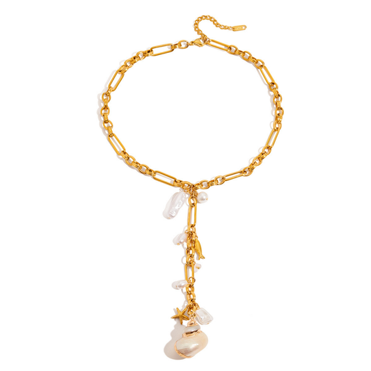 Collier Océan Femme – Acier Inoxydable Doré 18K, Perle & Coquillage