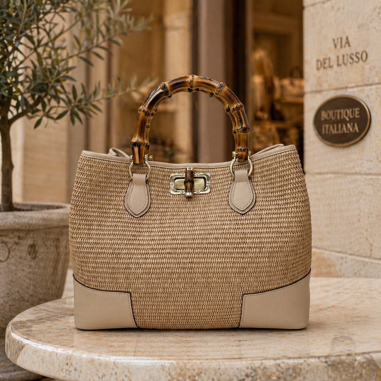 Sac en Raphia Naturel avec Anses Bambou et Finitions Cuir Martelé