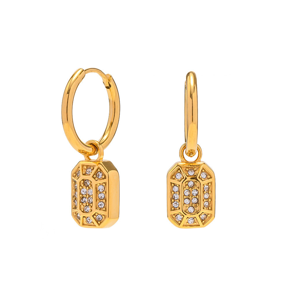 Boucles d’oreilles pendentif carré serti de cristaux – Acier inoxydable doré