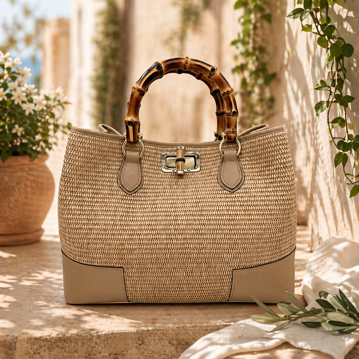 Sac en Raphia Naturel avec Anses Bambou et Finitions Cuir Martelé