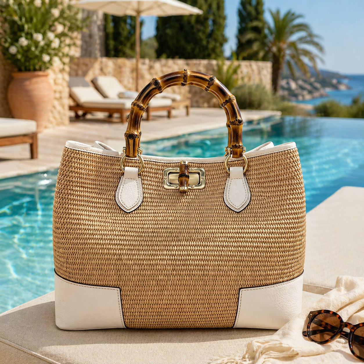 Sac en Raphia Naturel avec Anses Bambou et Finitions Cuir Martelé