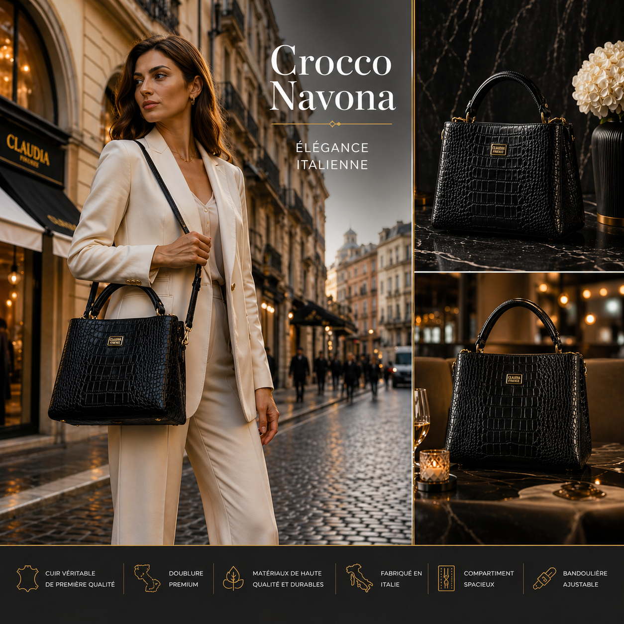 Sac Navona Crocco en cuir effet crocodile – Fabriqué en Italie