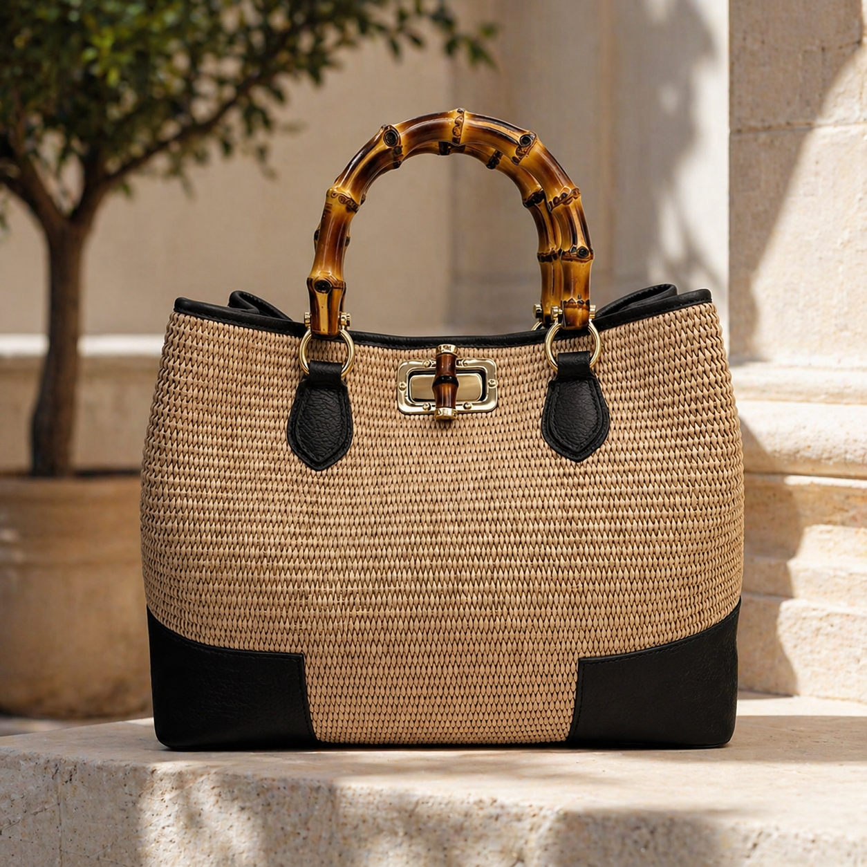Sac en Raphia Naturel avec Anses Bambou et Finitions Cuir Martelé
