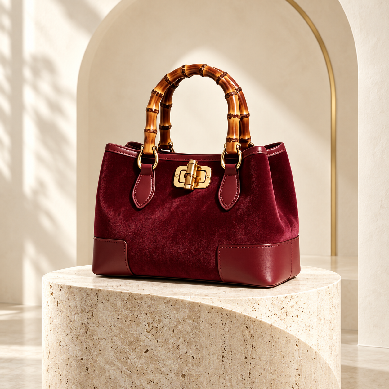 Sac en Micro-Daim avec Anses Bambou et Finitions en Cuir Véritable