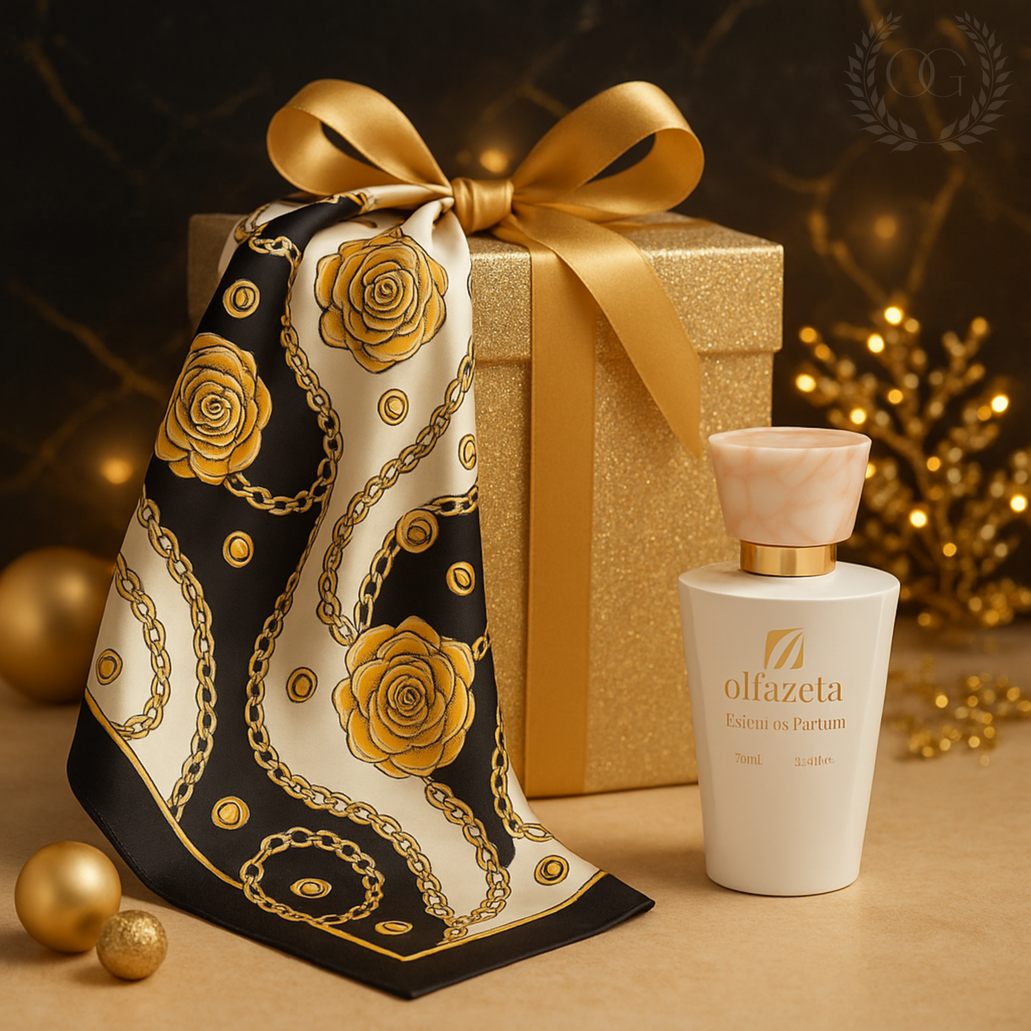 Coffret Cadeau Luxe – Écharpe, Châle Carré et Luxueuse en Noir & Or + Parfum Femme