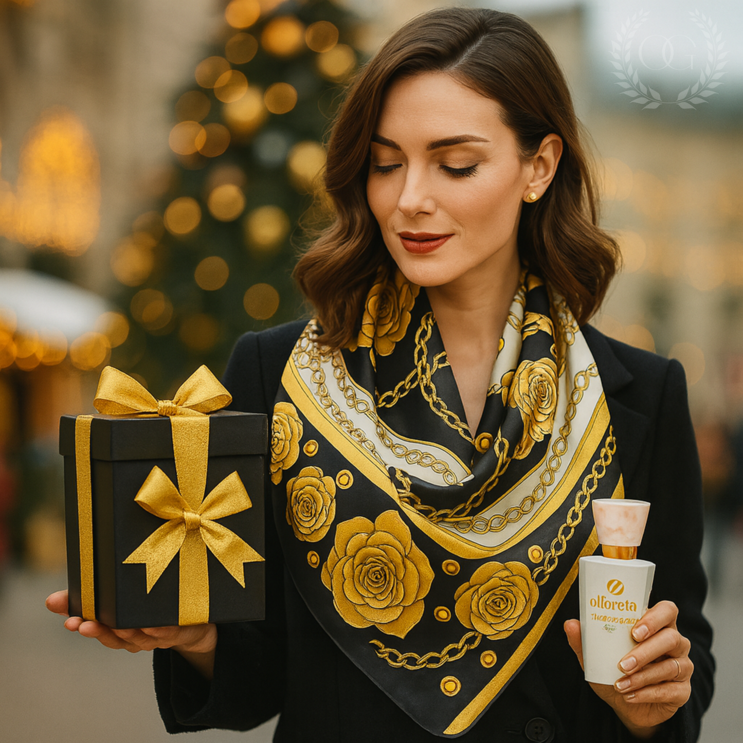 Coffret Cadeau Luxe – Écharpe, Châle Carré et Luxueuse en Noir & Or + Parfum Femme - CHOGAN