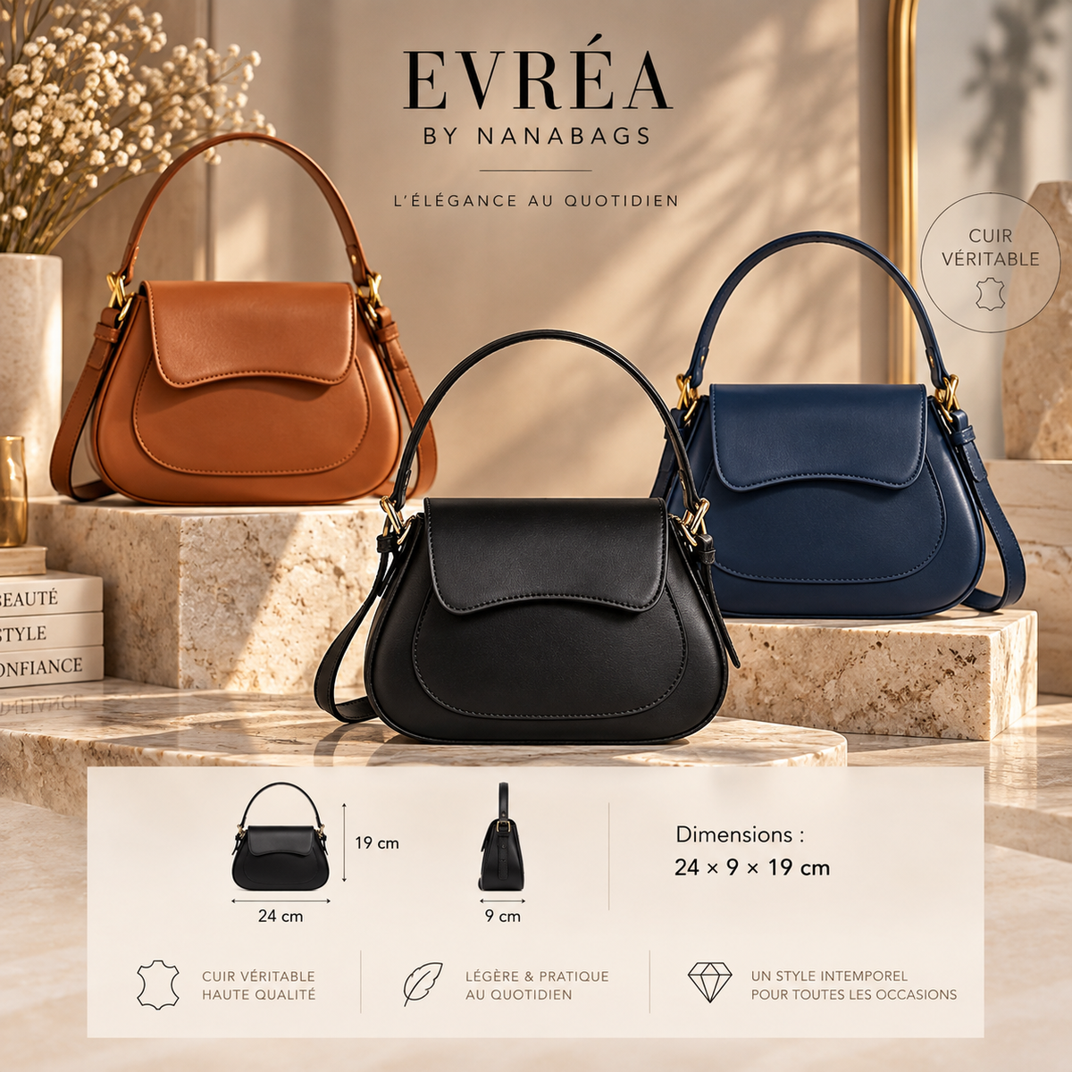 Sac Evréo en Cuir Véritable avec Bandoulière Réglable