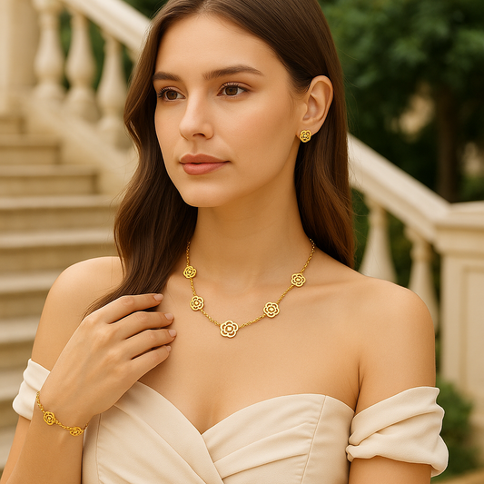 Parure de bijoux florale en acier inoxydable 304 plaqué or 18K – Collier, bracelet et boucles d’oreilles élégants pour femme