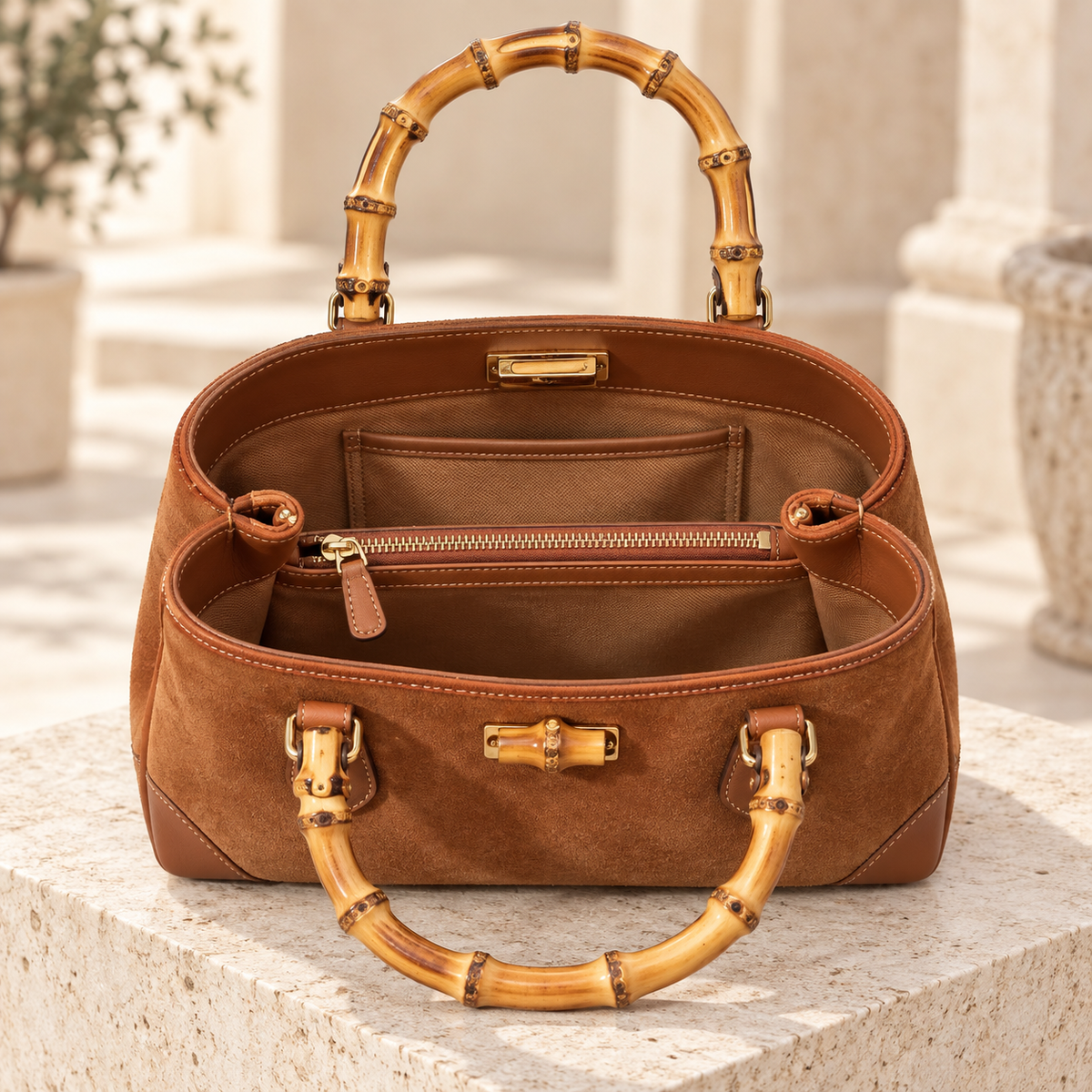 Sac en Micro-Daim avec Anses Bambou et Finitions en Cuir Véritable