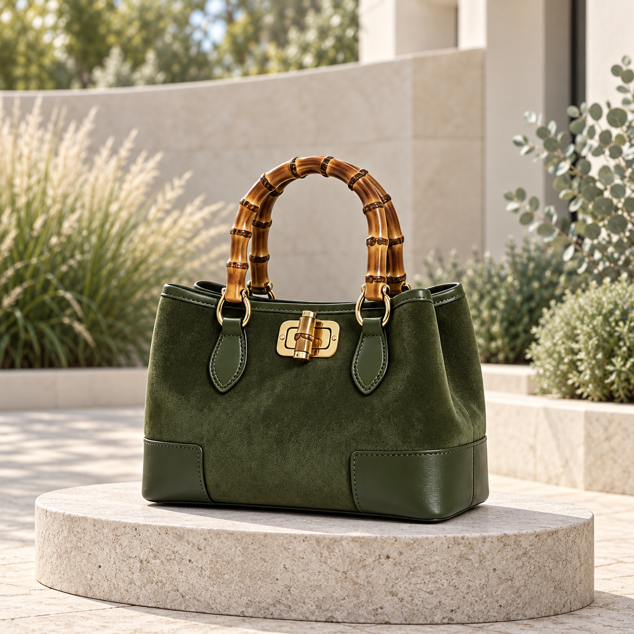 Sac en Micro-Daim avec Anses Bambou et Finitions en Cuir Véritable