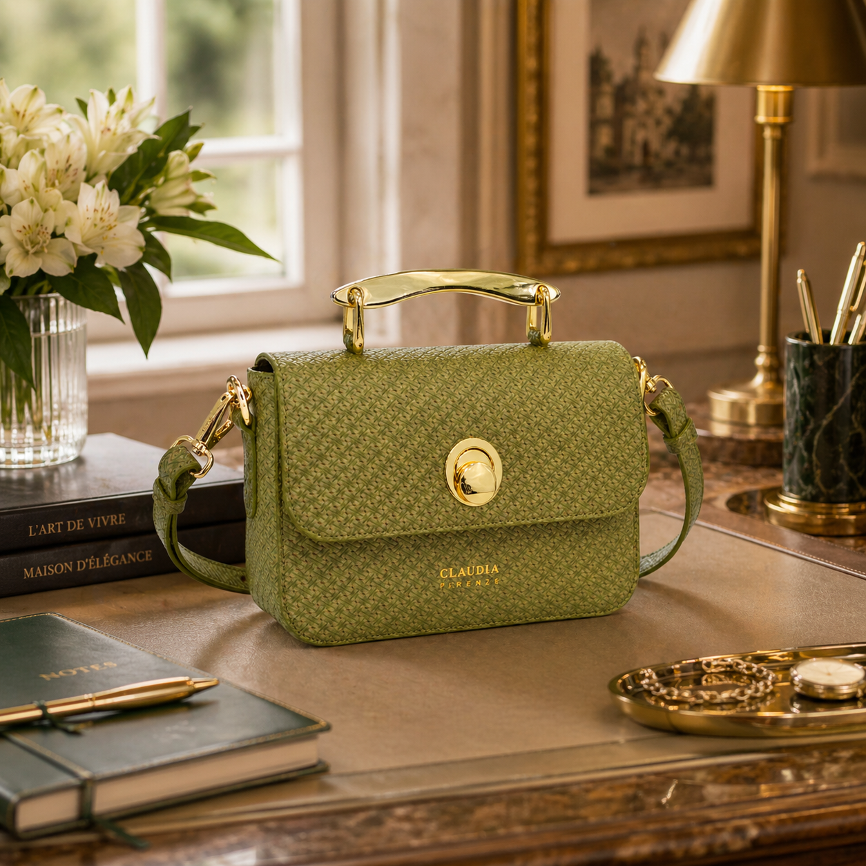 Sac Bandoulière Femme Nina Salvia en Cuir Véritable Made in Italy